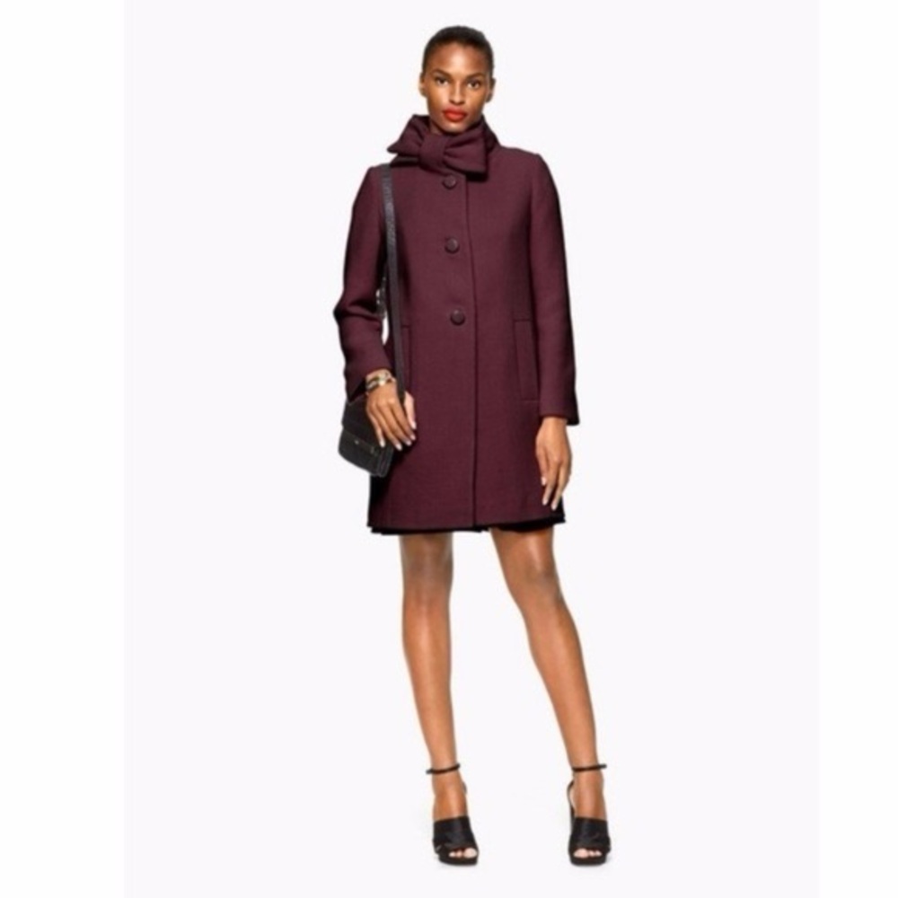 Kate spade coat burgundy wool bow collar button up ladies size 2 old money chic